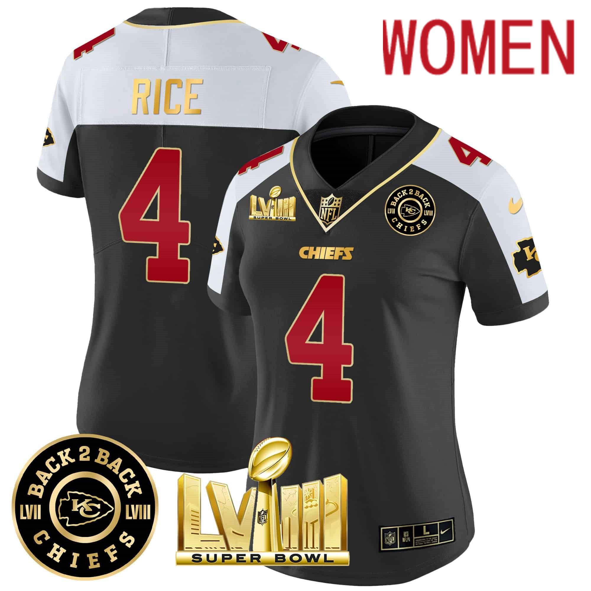 Women Kansas City Chiefs #4 Rice Black 2024 Nike Super Bowl LVIII & Back-2-Back Patch Vapor NFL Jersey